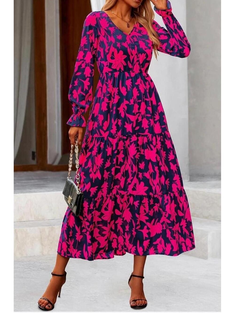 R87 NWT Large Long Sleeve Maxi Dress Floral Casual V-Neck Hot Pink Navy R0000087